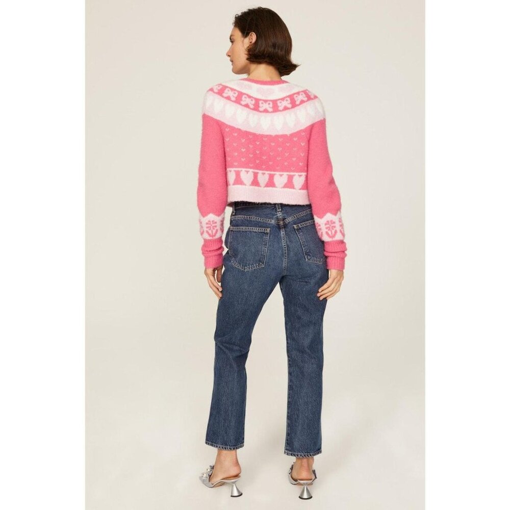 LoveShackFancy Dimples Crop Cardigan Dainty Cute Jacquared Pink Hearts Ribbons M - Picture 5 of 13